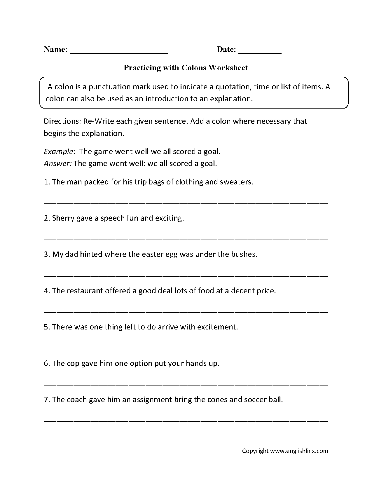 Colon Usage worksheet for seventh graders focusing on punctuation practice
