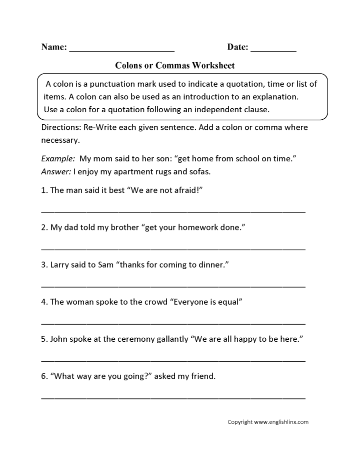 Colon Usage worksheet for seventh graders focusing on punctuation practice
