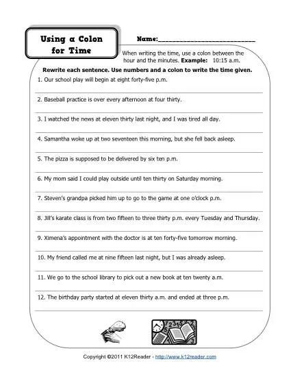 Seventh grade students practicing colon usage on a grammar worksheet