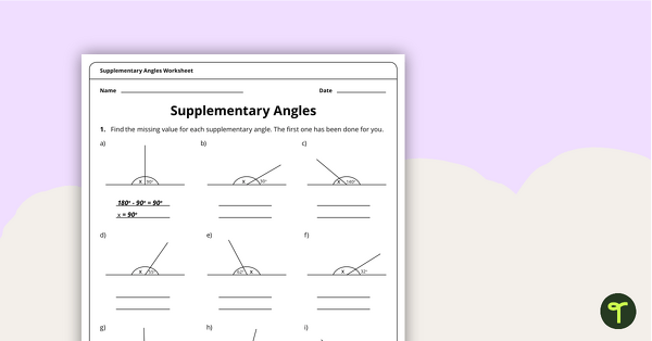 Seventh grade math student working on a worksheet about complementary angles adding up to 90 degrees