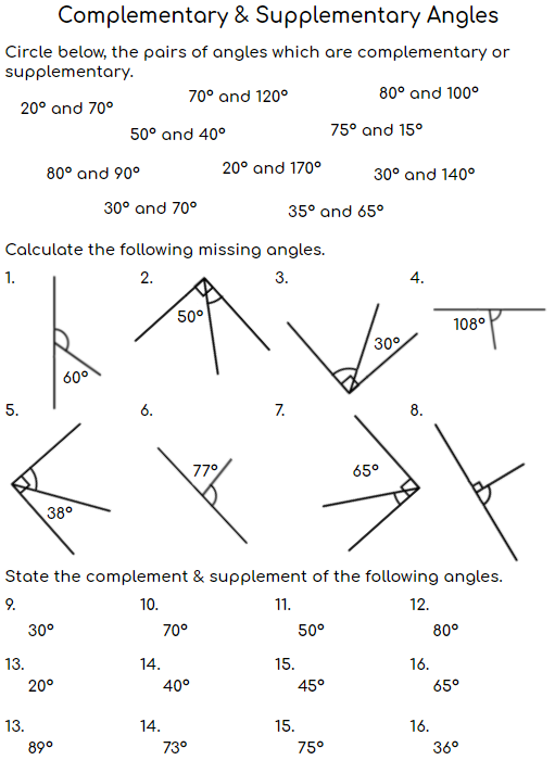 Seventh grade math worksheet featuring geometry problems about complementary angles that sum to 90 degrees