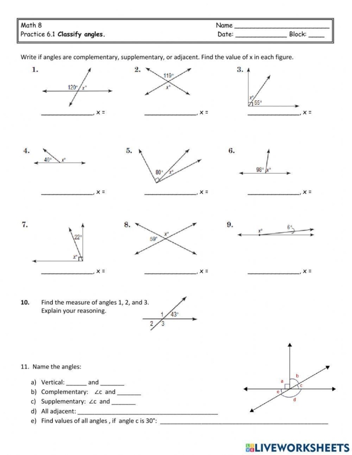 Seventh grade math worksheet featuring geometry problems about complementary angles that sum to 90 degrees