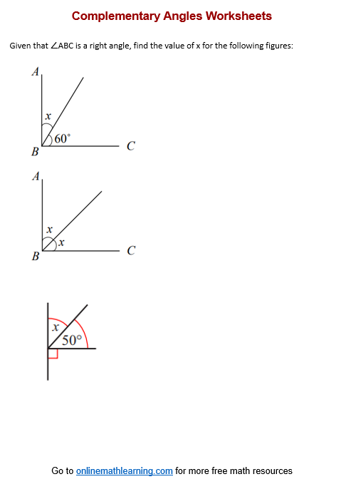Seventh grade math worksheet featuring geometry problems focused on calculating complementary angles that sum to 90 degrees