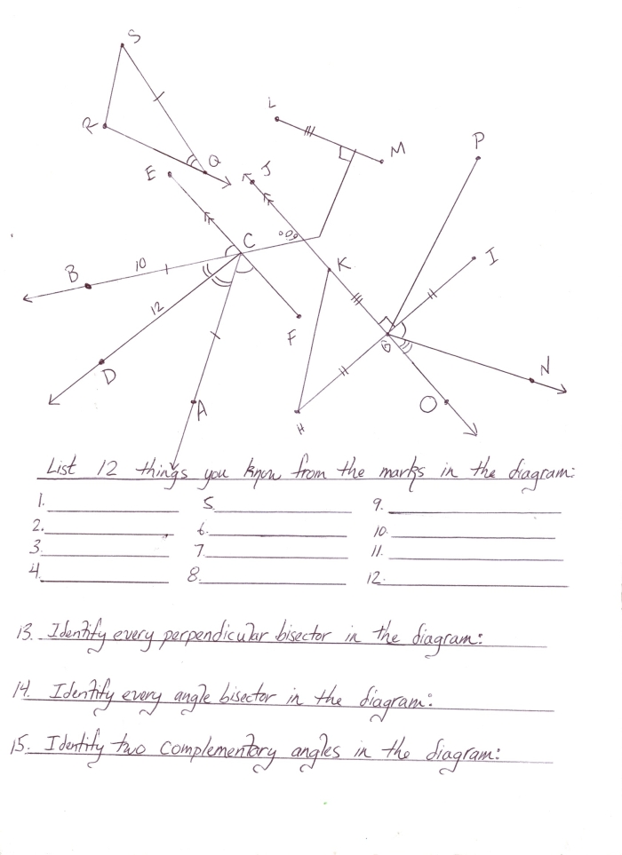 Worksheet featuring complementary angles for seventh-grade students