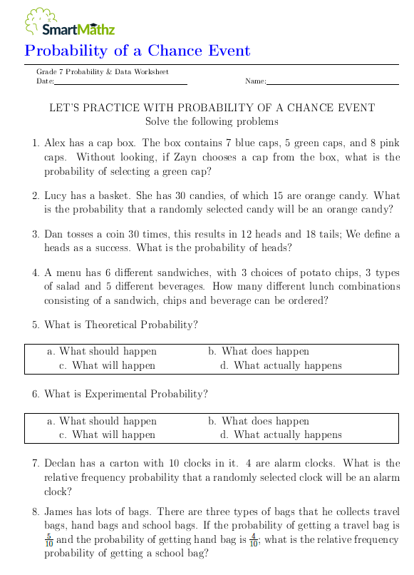 Seventh grade math worksheet displaying a sample space grid for compound probability events