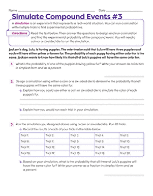 Seventh grade math worksheet displaying sample spaces of compound events for counting exercises