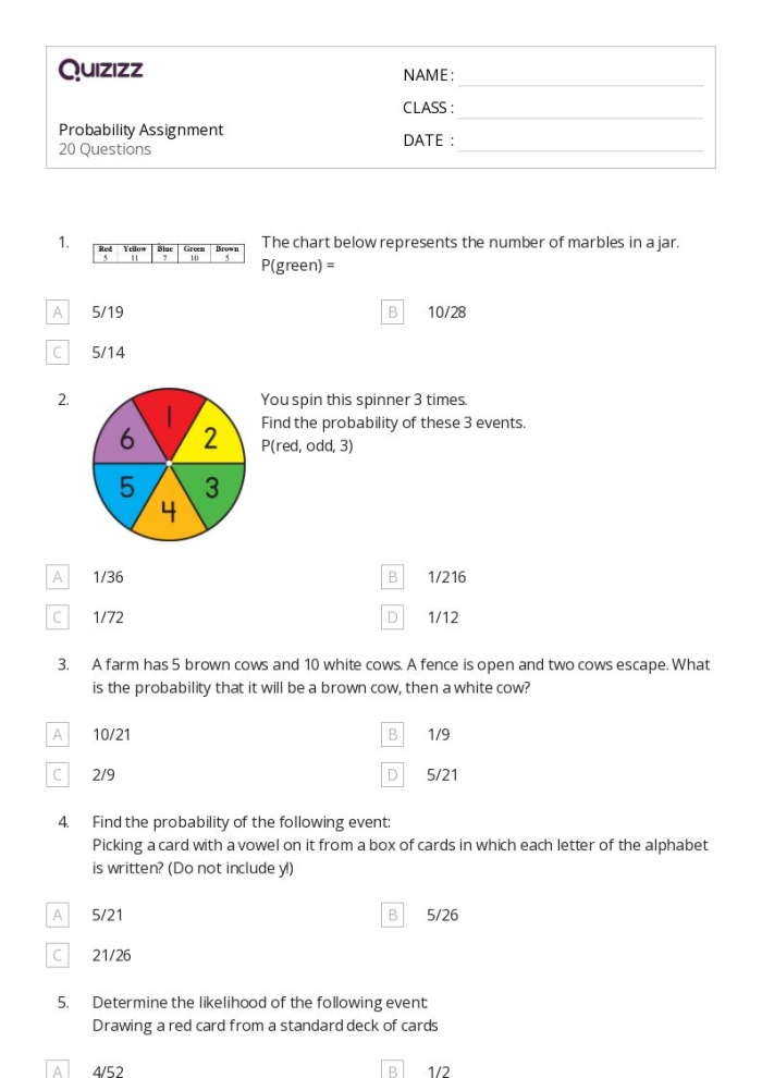 Seventh grade math worksheet page for calculating sample spaces of compound events number 22