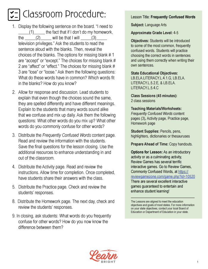Seventh grade students practicing how to distinguish frequently confused word pairs on a grammar worksheet