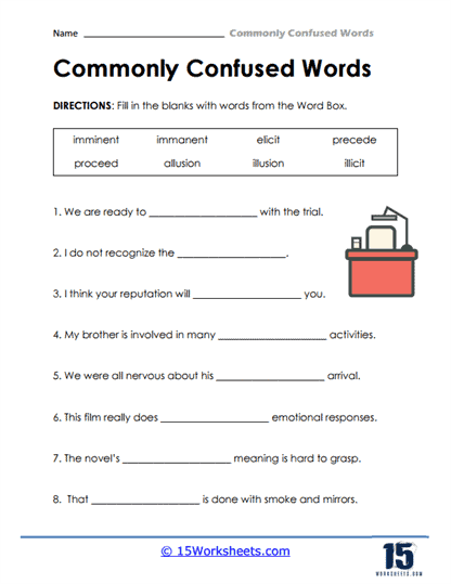Seventh grade student completing a choose the correct frequently confused word grammar practice worksheet