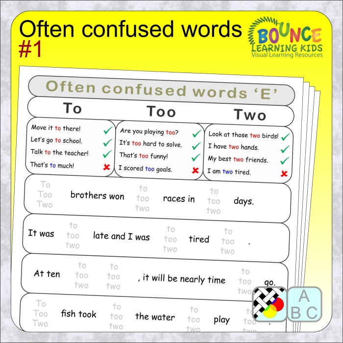 Seventh grade grammar worksheet focusing on frequently confused word exercises