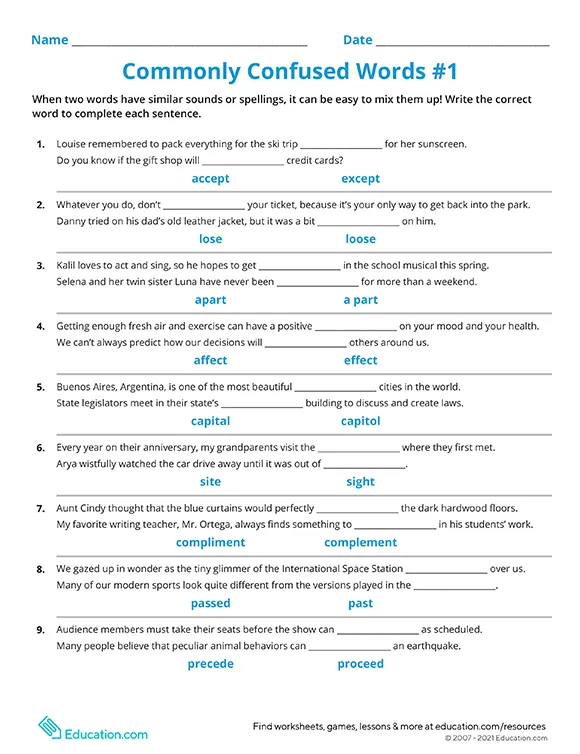 Seventh grade grammar worksheet featuring practice exercises on selecting the correct frequently confused words