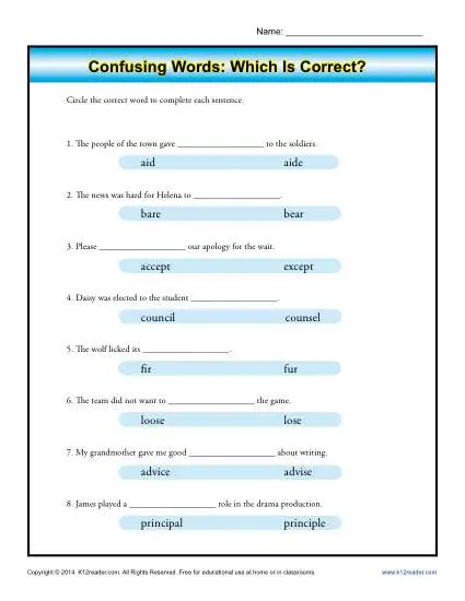 Seventh grade student completing a grammar worksheet exercise on commonly confused words