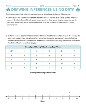 Students analyzing survey data about video game playing habits to make mathematical inferences in a seventh-grade worksheet activity