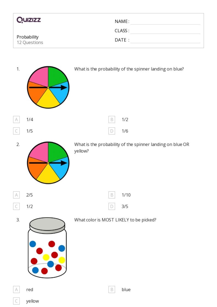Practice calculating the probability of rolling different numbers on dice Worksheet featuring probability exercises with dice for seventh graders