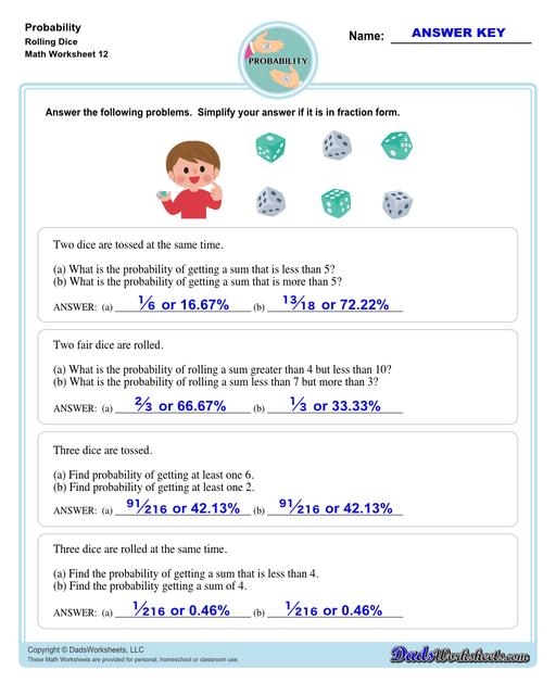 Probability Dice Practice With Probability Models Worksheet 21 Seventh grade student working on a dice probability worksheet with math problems