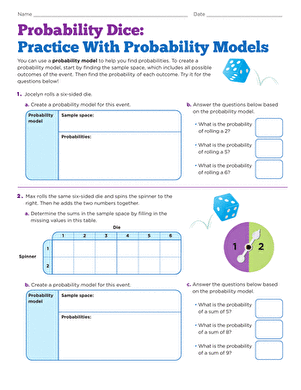 Probability Dice Practice With Probability Models Worksheet Two Seventh grade math worksheet featuring dice probability practice problems