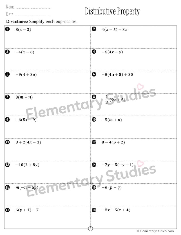 Expanding Linear Expressions with the Distributive Property Worksheet 10 Seventh grade algebra worksheet featuring algebraic expressions to be expanded using the distributive property