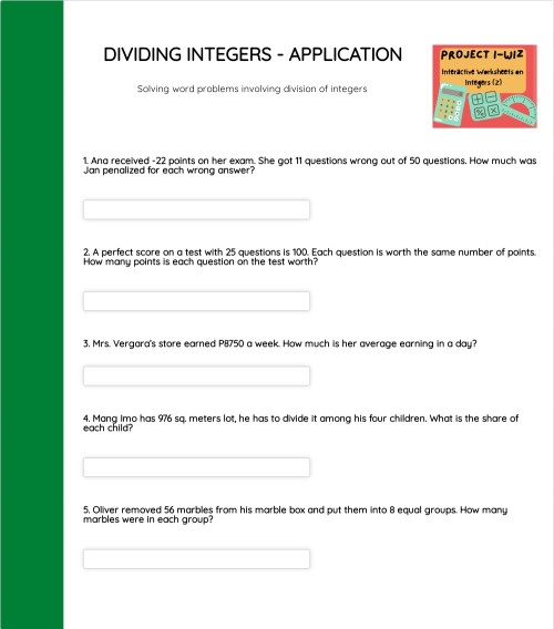 Dividing Integers Practice Worksheet for Middle School Math Seventh grade students practicing division problems with positive and negative integers on a math worksheet