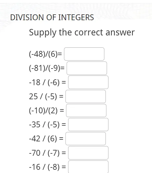 Dividing Integers Worksheet for Seventh Grade Students Part 3 Seventh grade math worksheet featuring practice problems for dividing positive and negative integers