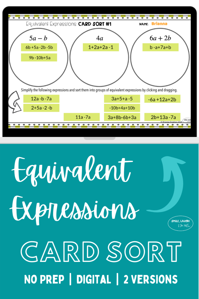 Engaging worksheet for practicing equivalent expressions in reading lessons Card sort activity for seventh graders to simplify and group equivalent expressions