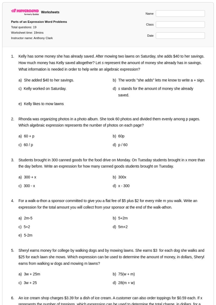 Equivalent Expression Word Problems Part 1 Worksheet for Seventh Grade Measurement Skills Seventh grade student working on a measurement math worksheet about equivalent expressions in real world scenarios
