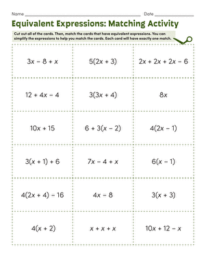 Identifying and writing equivalent expressions in a fun beach context for seventh graders Seventh-grade worksheet featuring activities on equivalent expressions for a day at the beach theme