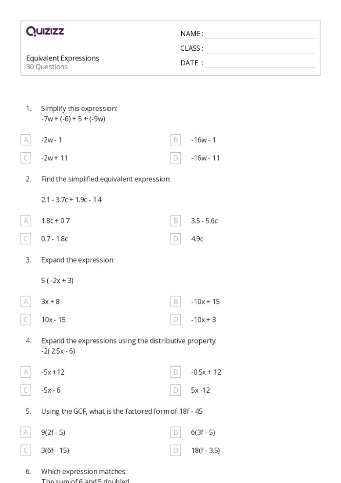 A Day at the Beach: Equivalent Expressions Worksheet for Seventh Grade A worksheet for seventh-grade students focusing on identifying and writing equivalent expressions related to a beach theme