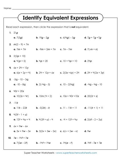 A Day at the Beach: Seventh Grade Algebra Worksheet on Equivalent Expressions Worksheet for identifying and writing equivalent expressions in algebra for seventh graders