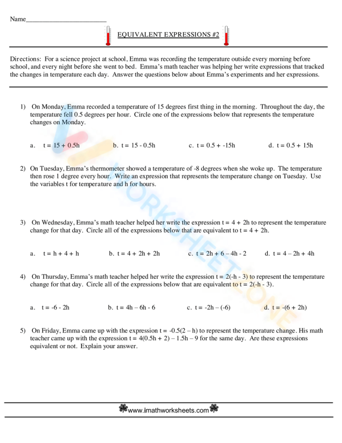 A Day at the Beach: Equivalent Expressions Worksheet for Seventh Graders Seventh-grade algebra worksheet focused on identifying and writing equivalent expressions for a day at the beach theme