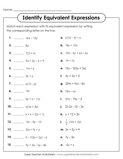 A Day at the Beach: Worksheet 19 on Equivalent Expressions Seventh-grade algebra worksheet for identifying and writing equivalent expressions at the beach