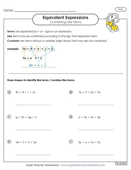A Day at the Beach worksheet image for seventh-grade students seventh-grade algebra worksheet for identifying and writing equivalent expressions