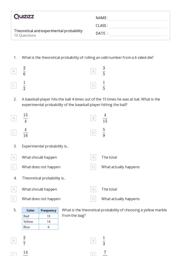 Worksheet 17: Discovering experimental probabilities through engaging scenarios Seventh-grade experimental probability worksheet featuring real-world word problems