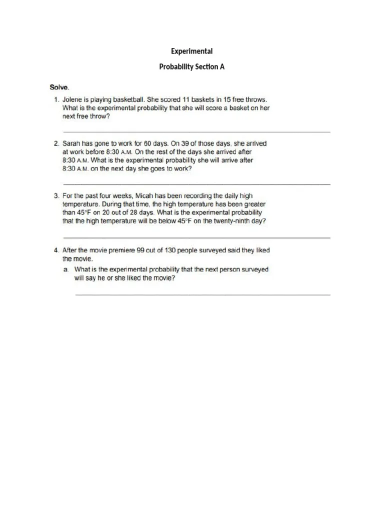 Worksheet for teaching experimental probability concepts to seventh graders Seventh-grade students engaging with an experimental probability models worksheet