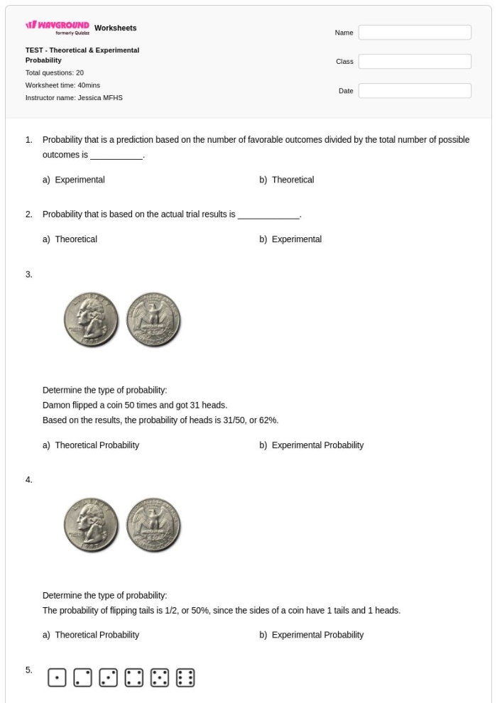 Worksheet for calculating experimental probabilities in physical science for seventh graders Seventh-grade experimental probability worksheet featuring word problems based on real-life scenarios