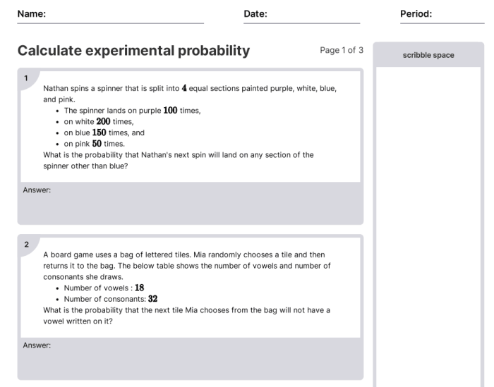 Seventh grade students practicing how to make predictions using experimental probability worksheet