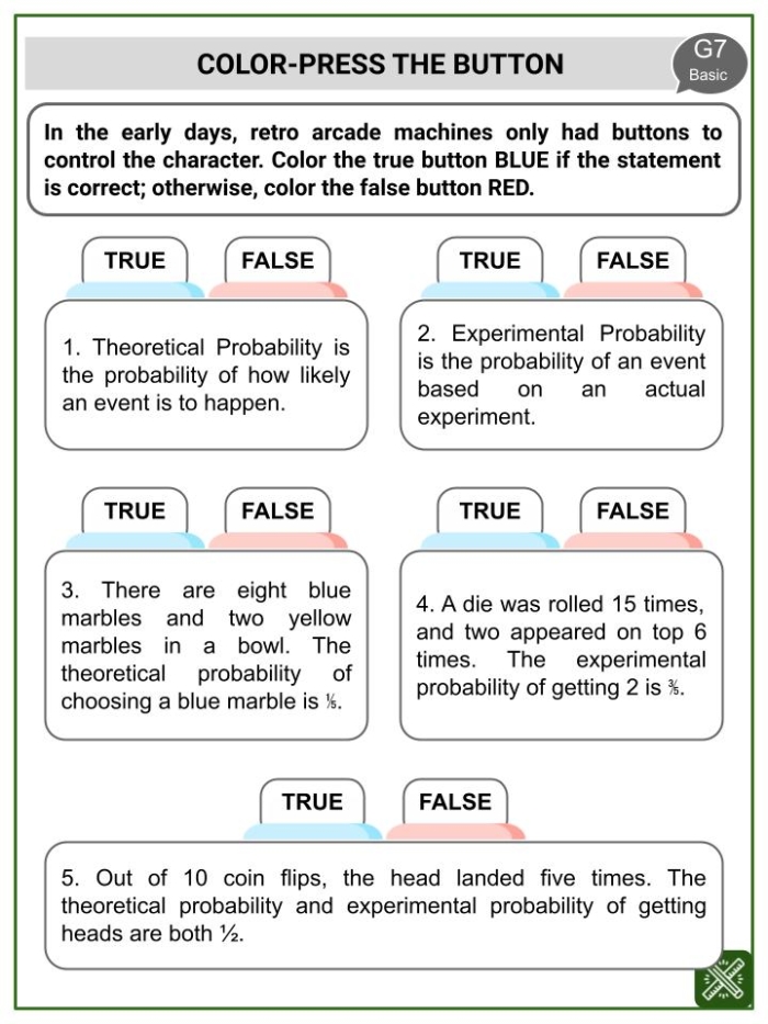 Engaging worksheet for understanding experimental probability concepts Seventh-grade math worksheet on experimental probability models for students
