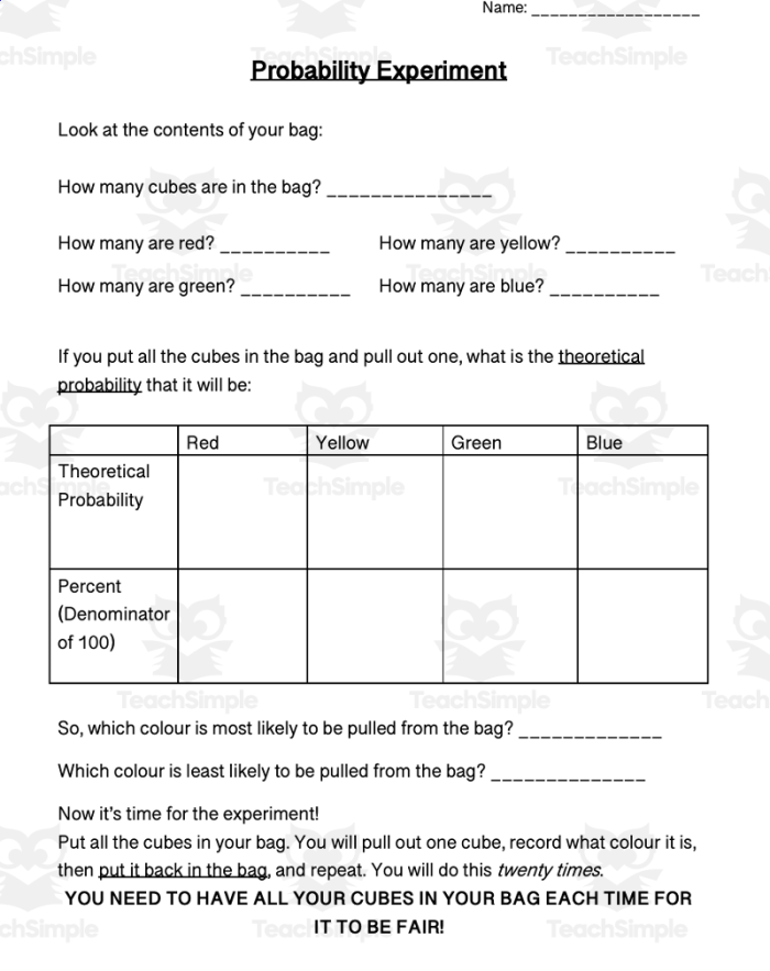 Worksheet for seventh graders on making predictions using experimental probability