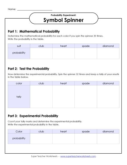 Seventh grade student worksheet about calculating experimental probability to make future predictions