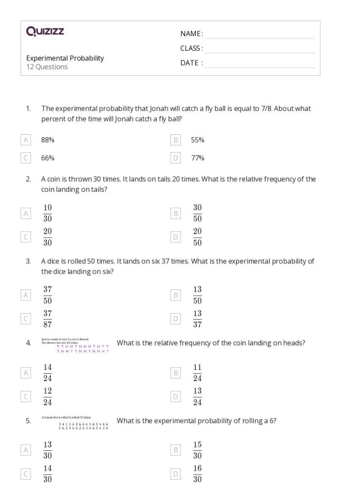 Experimental Probability Worksheet Grade Seven Math Exercise 12 A seventh-grade student completing an experimental probability worksheet featuring real-world math word problems