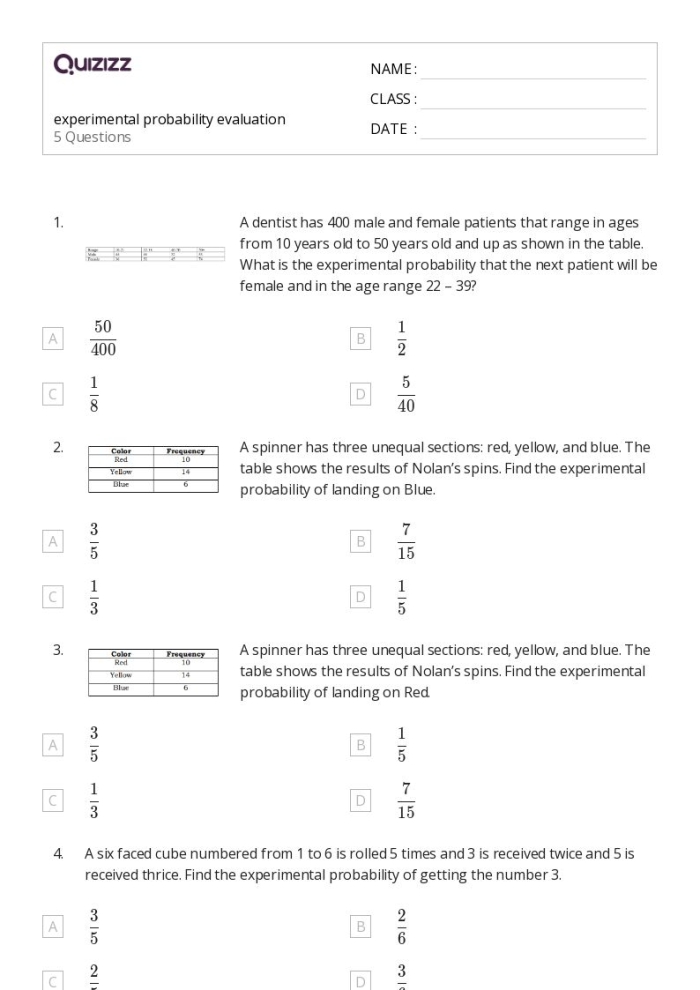 Worksheet for teaching experimental probability concepts to seventh graders Seventh-grade math worksheet focusing on experimental probability models for students