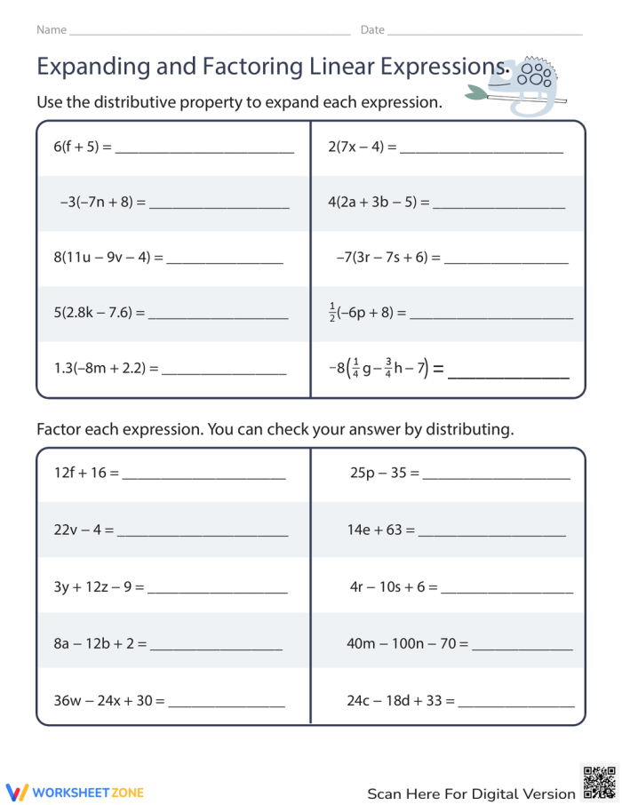 Seventh grade student working through factoring linear expressions problems on a practice worksheet