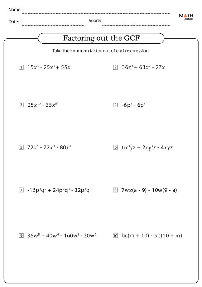 Seventh grade student working through factoring linear expressions algebra problems on a worksheet