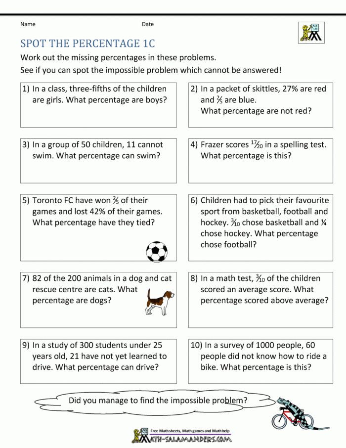 Seventh grade math worksheet featuring real-world percent word problems about financial literacy