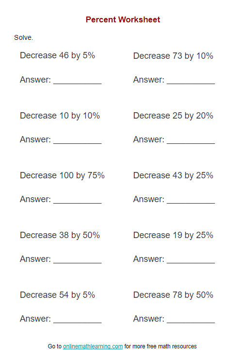 Seventh grade math worksheet featuring real-world percent word problems about financial literacy