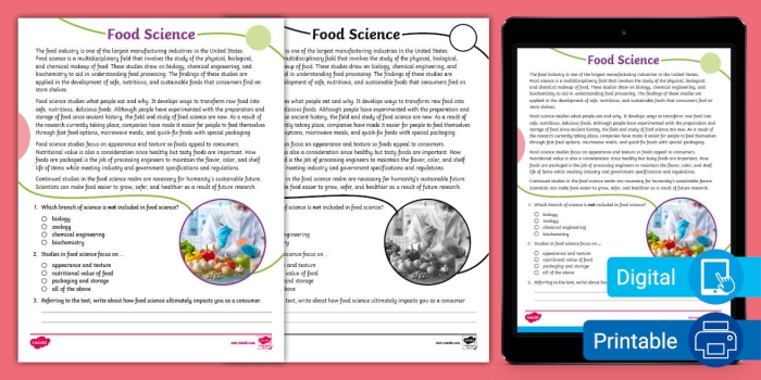Seventh grade reading comprehension worksheet about food science focused on time and money concepts page four