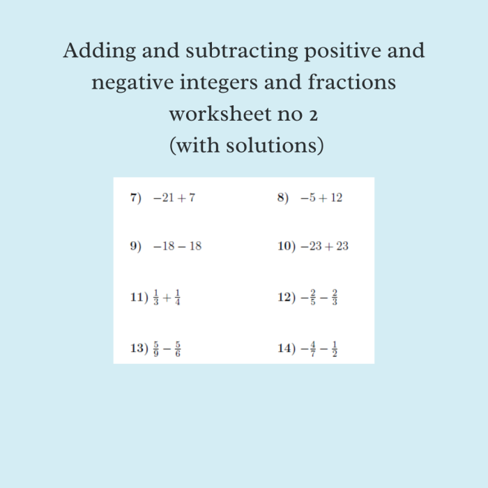 Add and Subtract Positive and Negative Fractions Practice Problems for Grade 7 Seventh grade math worksheet showing practice problems for adding and subtracting positive and negative fractions with step-by-step solutions
