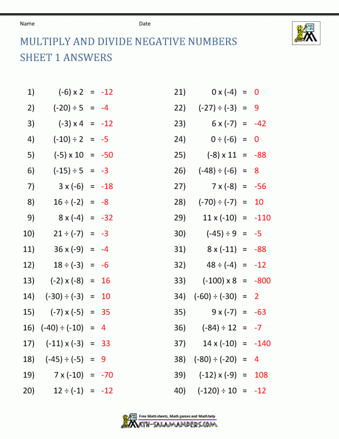 Worksheet for practicing multiplication and division of positive and negative fractions