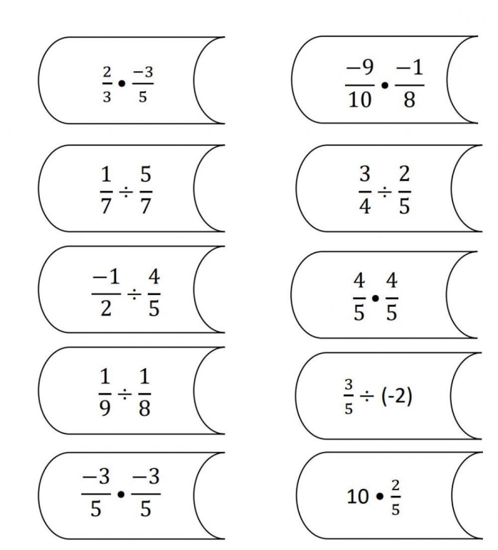 Worksheet for practicing multiplication and division of positive and negative fractions