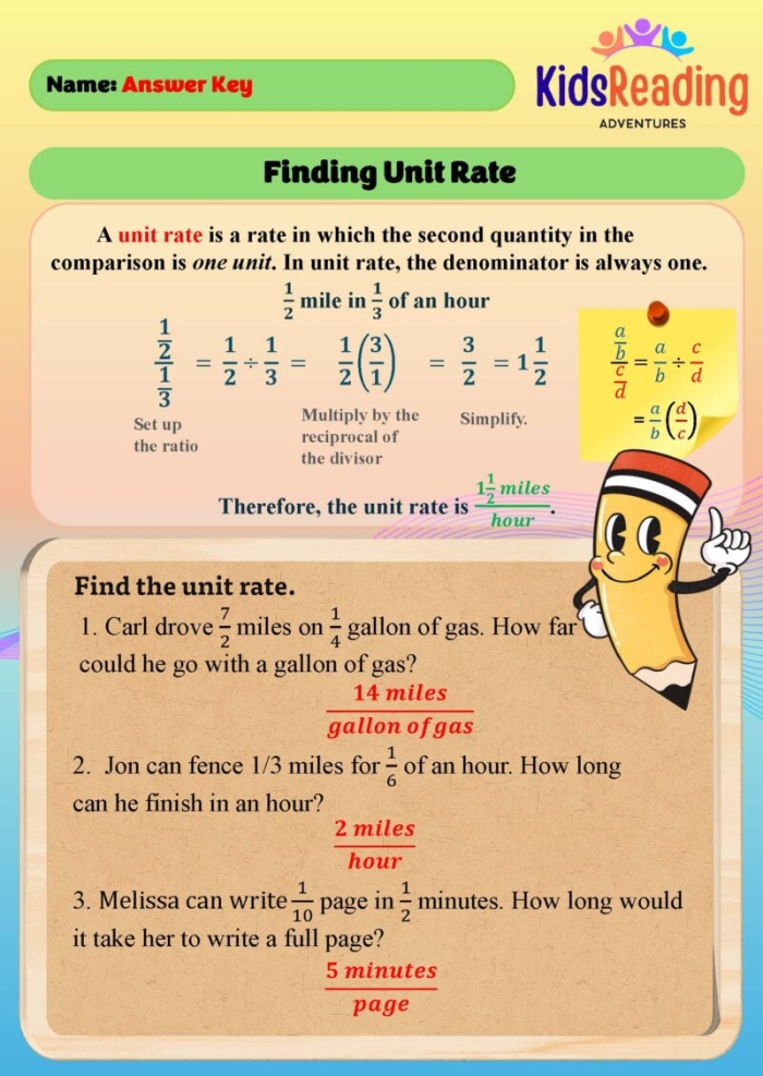 Seventh-grade math worksheet on unit rates involving fractions with real-life examples