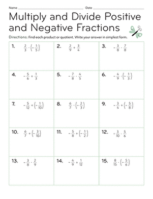 Worksheet featuring multiplication and division of positive and negative fractions for seventh-grade students